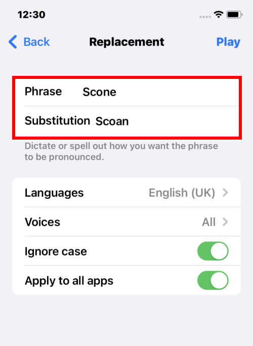 Type the word or phrase in the Phrase box then a phonetic version in the Subsitution box